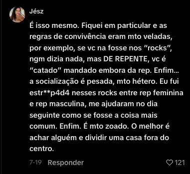 Comentário do perfil Jész sobre hierarquia e assédio em festas